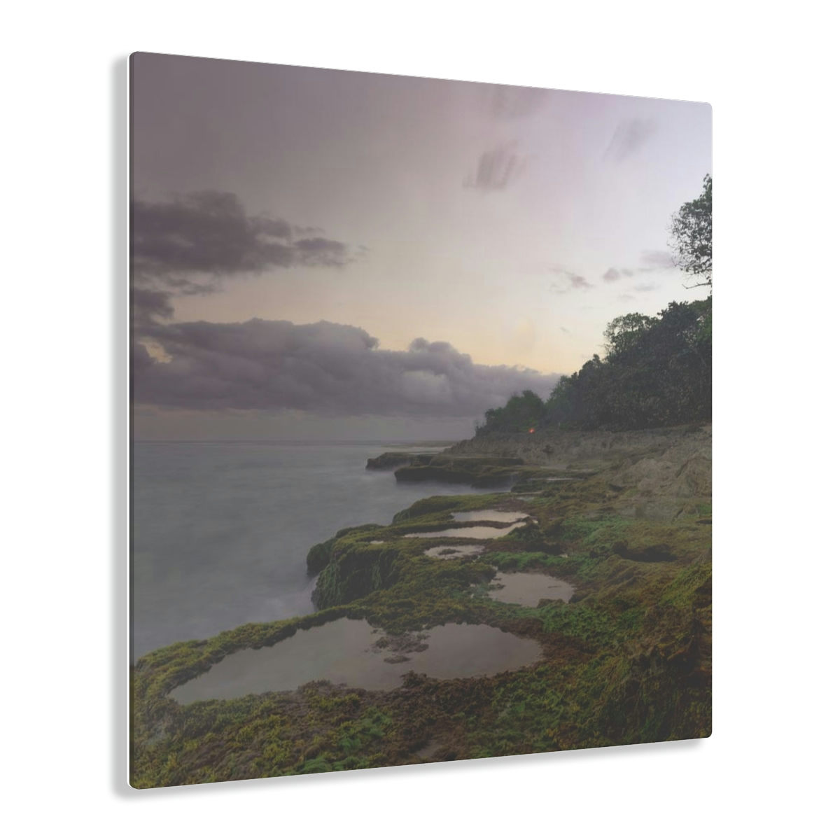 Mystical Seaside: Enchanting Acrylic Print of Mossy Rocks and a Sunset Shrouded in Sea Mist
