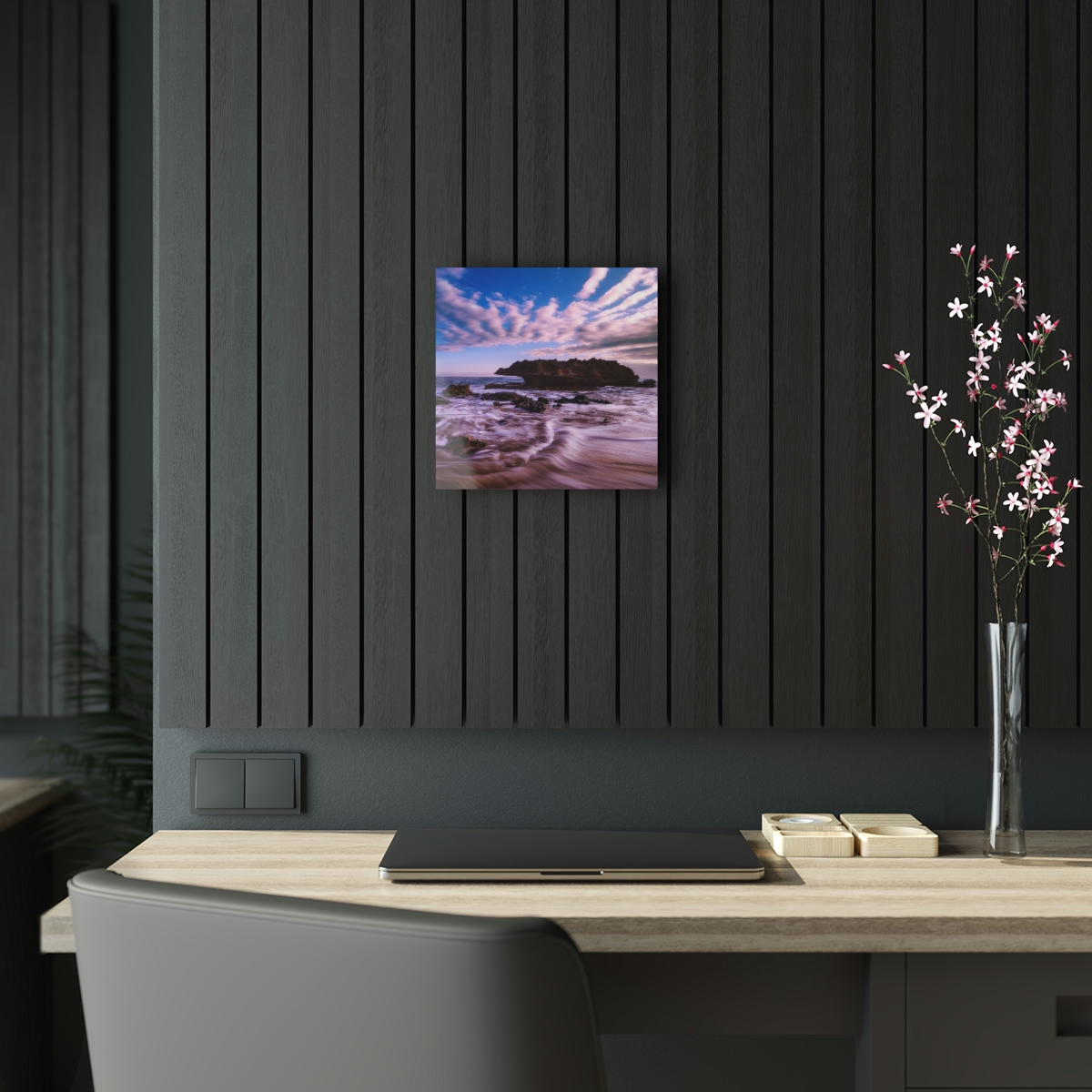 78316-8.jpg Ocean’s Embrace: Nature Painting of a Coastal Rock at Dawn with a Warm and Cold Palette in Acrylic Print