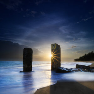 Sunset Serenade: Ocean's Mysterious Pillars & Ominous Cloud