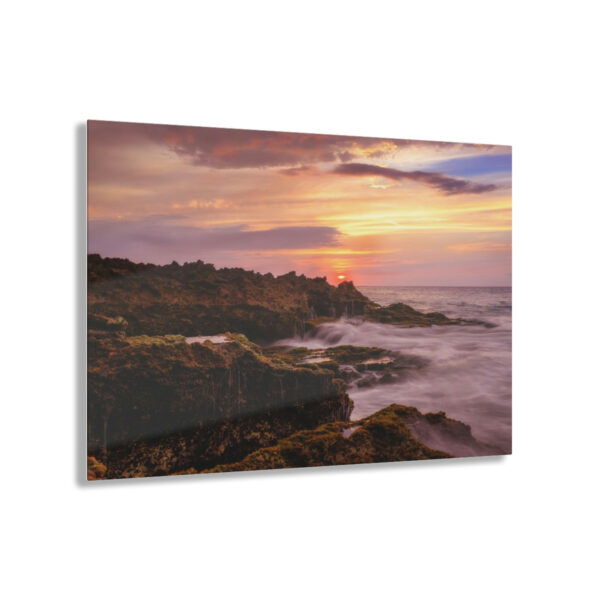 "Mossy Shoreline" Acrylic Print - Sunset Ocean & Colorful Rock Wall Art Decor