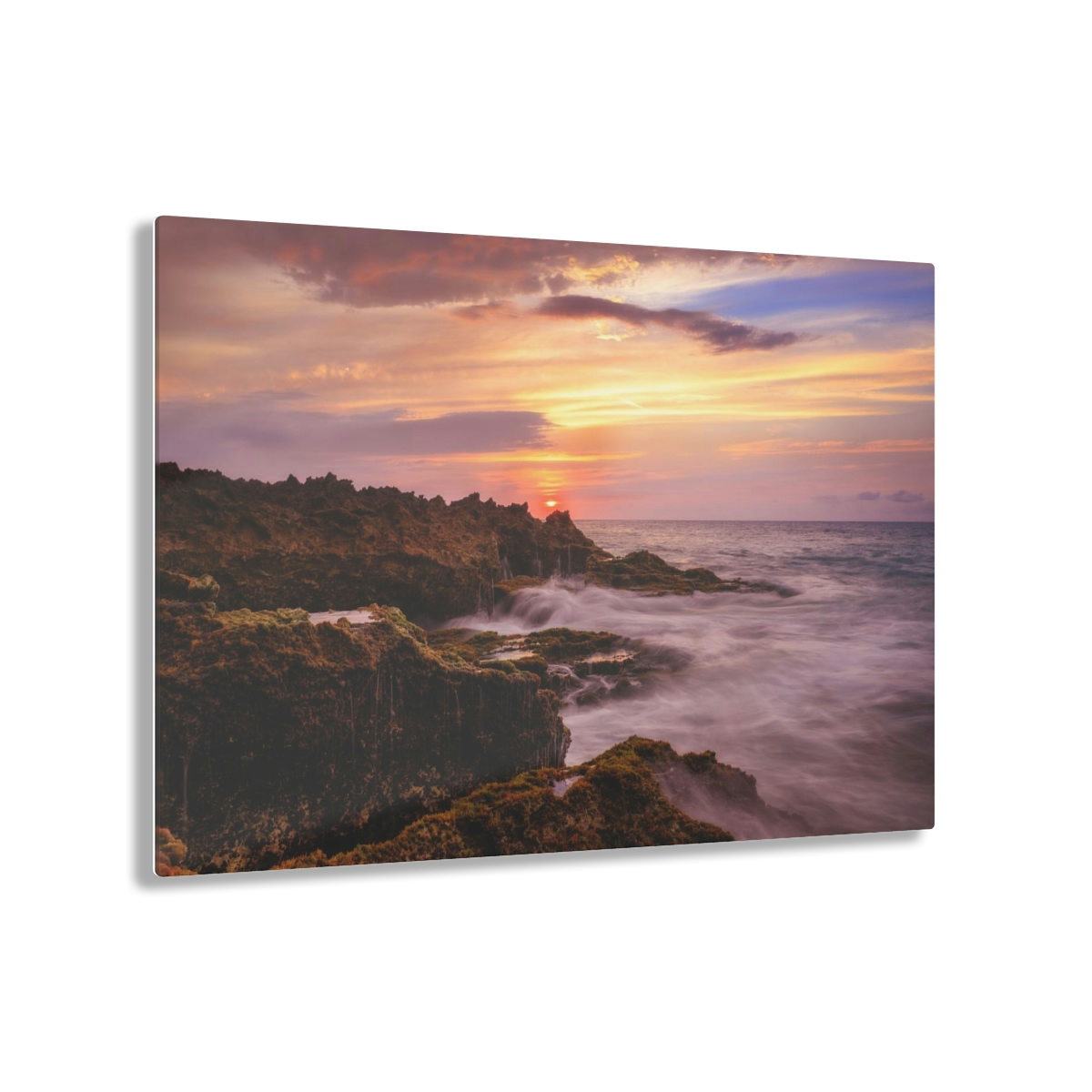 78311.jpg "Mossy Shoreline" Acrylic Print - Sunset Ocean & Colorful Rock Wall Art Decor