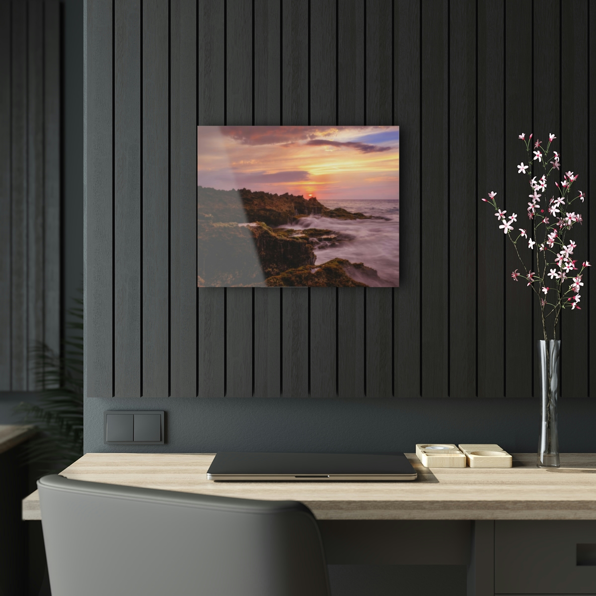 78312-3.jpg "Mossy Shoreline" Acrylic Print - Sunset Ocean & Colorful Rock Wall Art Decor