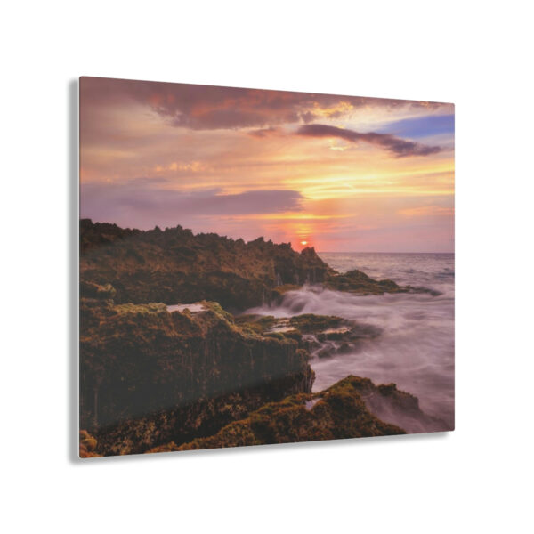 "Mossy Shoreline" Acrylic Print - Sunset Ocean & Colorful Rock Wall Art Decor