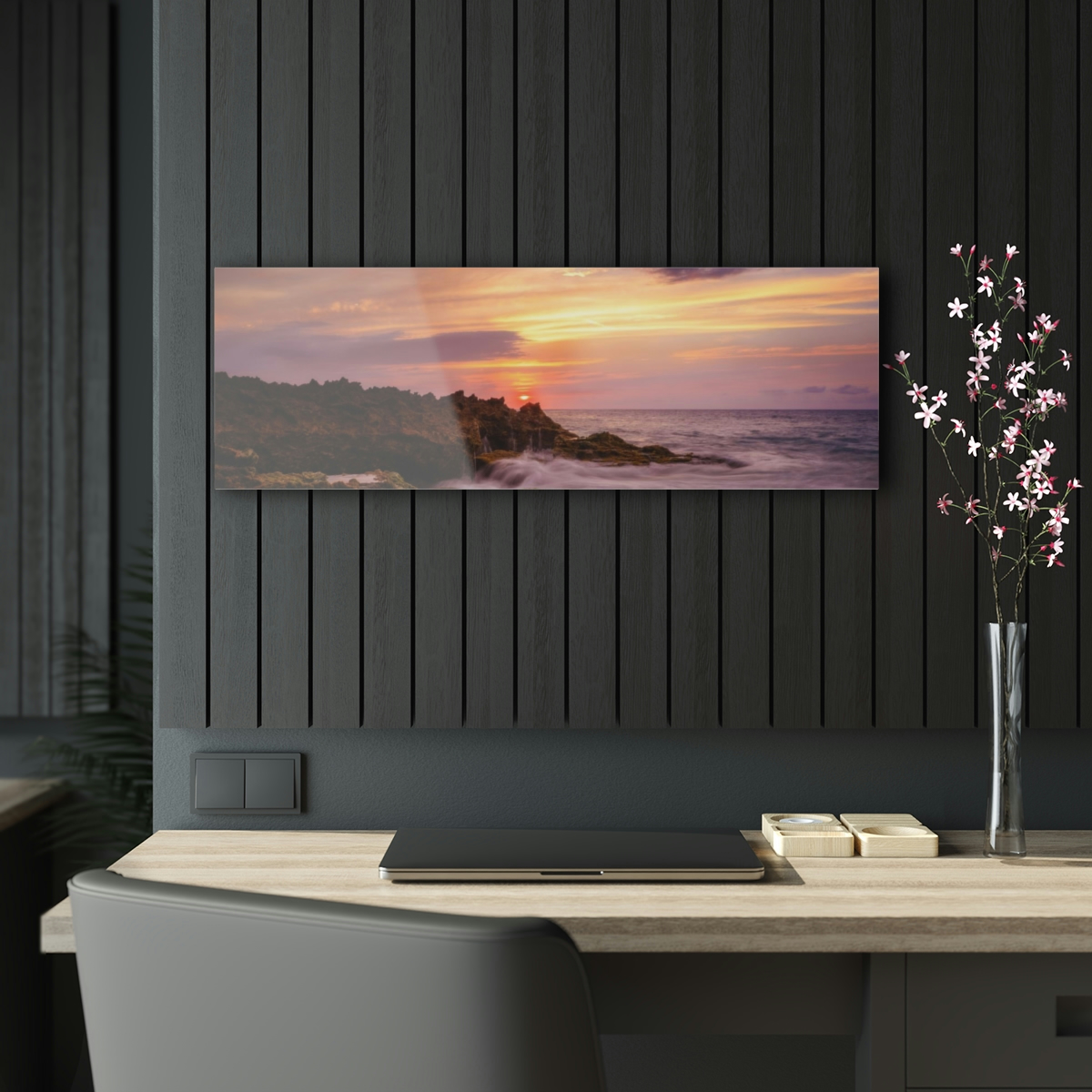 78314-3.jpg "Mossy Shoreline" Acrylic Print - Sunset Ocean & Colorful Rock Wall Art Decor