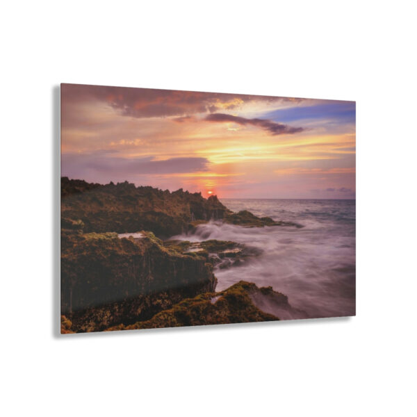 "Mossy Shoreline" Acrylic Print - Sunset Ocean & Colorful Rock Wall Art Decor