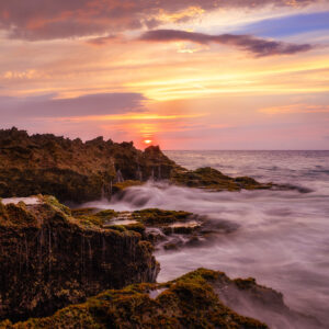 "Mossy Shoreline" Acrylic Print - Sunset Ocean & Colorful Rock Wall Art Decor