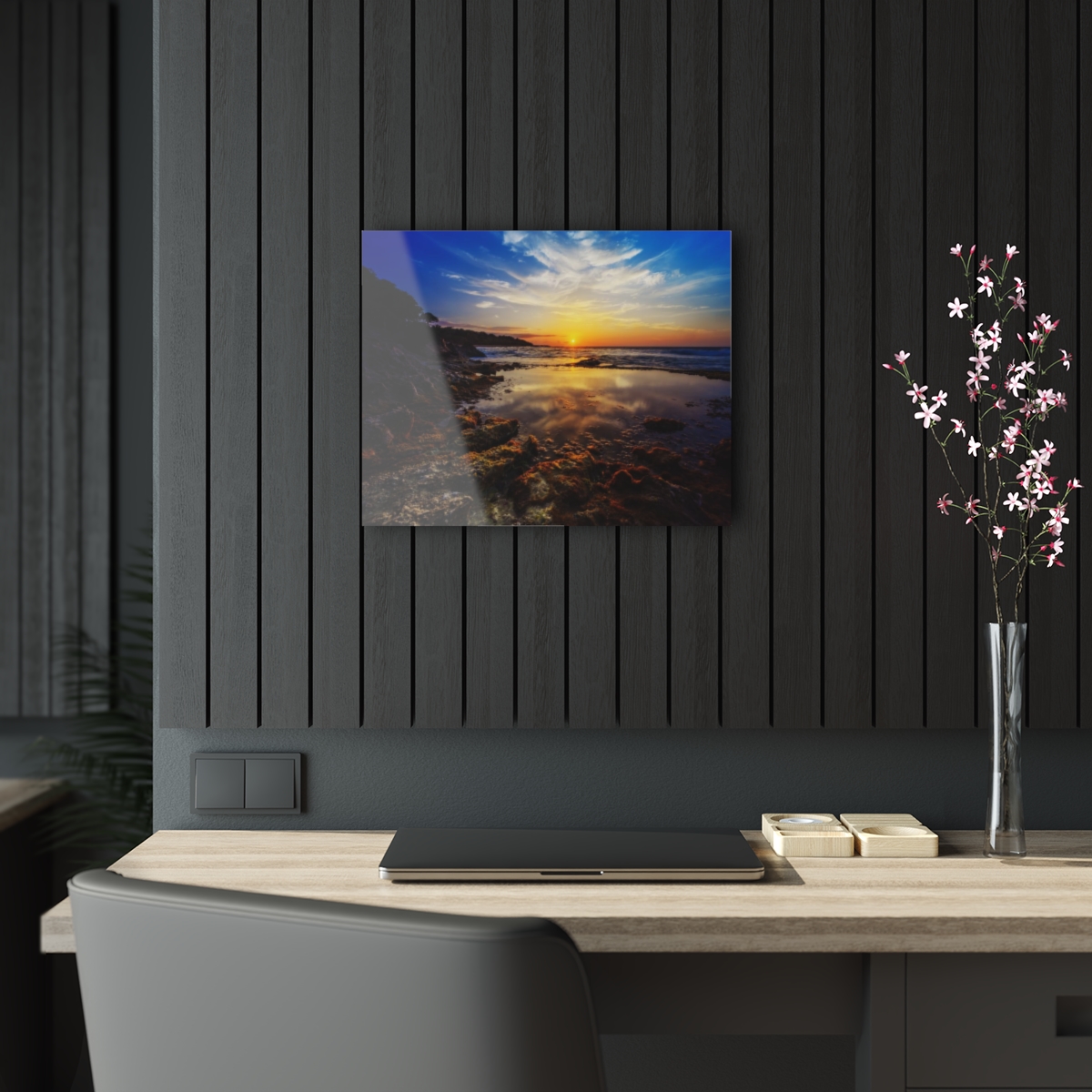 78312-3.jpg "Rocky Shore Sunrise": Beautiful ocean sunrise with green & red moss on rocky shore - stunning Acrylic Print wall art by Aleks Khan.