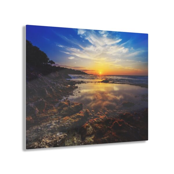 "Rocky Shore Sunrise": Beautiful ocean sunrise with green & red moss on rocky shore - stunning Acrylic Print wall art by Aleks Khan.