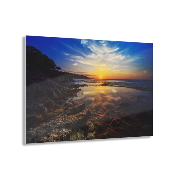 "Rocky Shore Sunrise": Beautiful ocean sunrise with green & red moss on rocky shore - stunning Acrylic Print wall art by Aleks Khan.