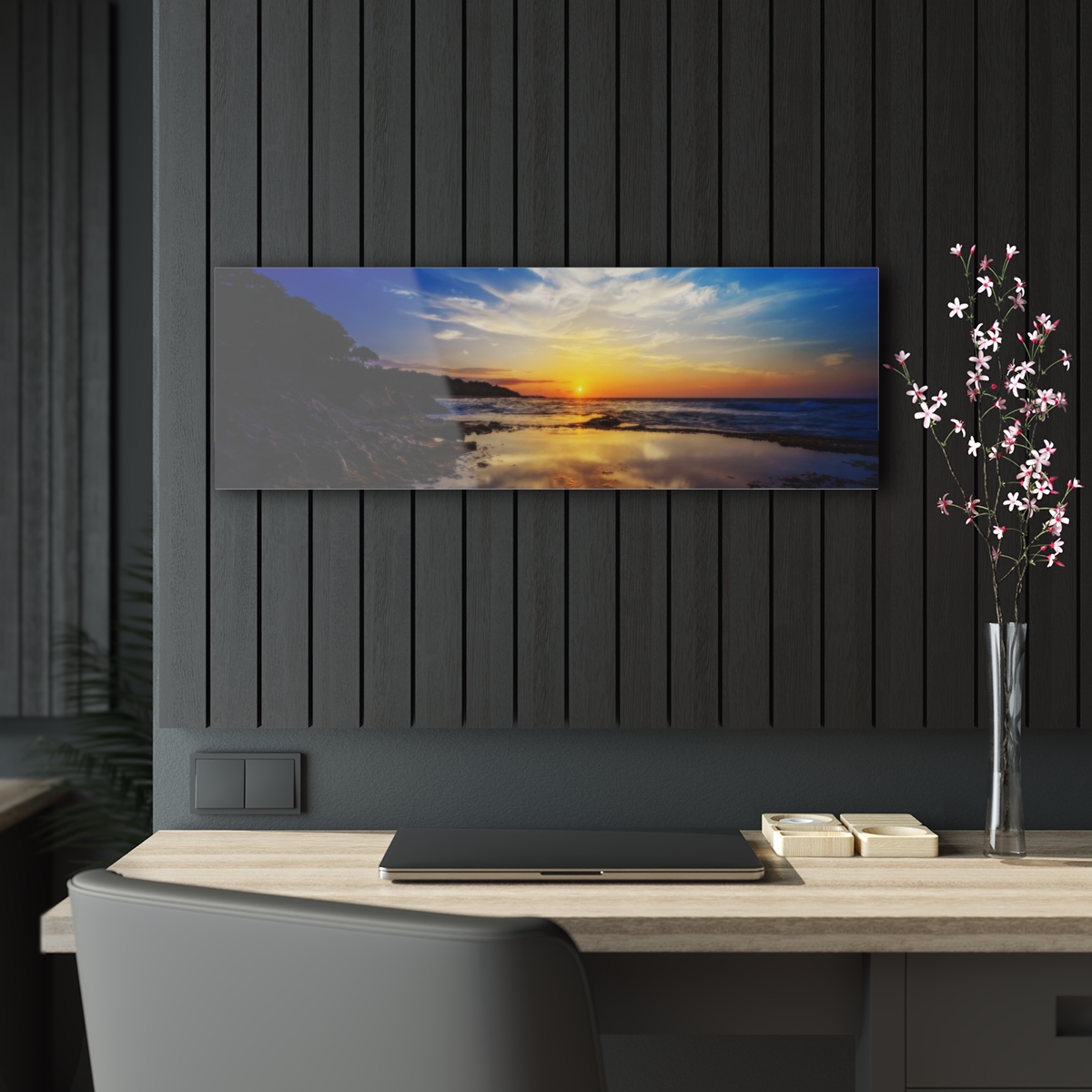 78314-3.jpg "Rocky Shore Sunrise": Beautiful ocean sunrise with green & red moss on rocky shore - stunning Acrylic Print wall art by Aleks Khan.