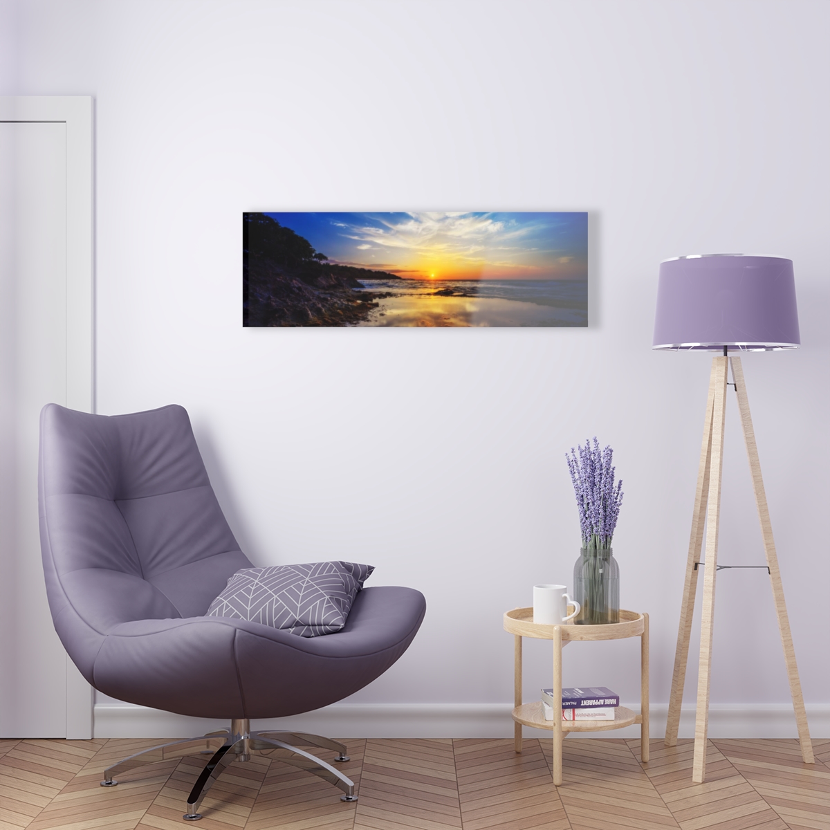 78314-4.jpg "Rocky Shore Sunrise": Beautiful ocean sunrise with green & red moss on rocky shore - stunning Acrylic Print wall art by Aleks Khan.