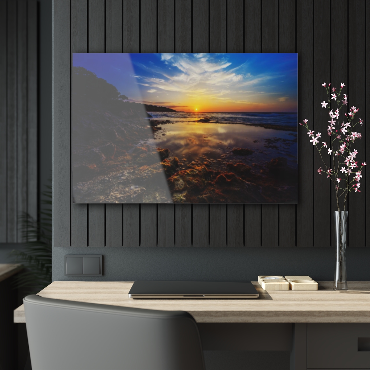 78315-3.jpg "Rocky Shore Sunrise": Beautiful ocean sunrise with green & red moss on rocky shore - stunning Acrylic Print wall art by Aleks Khan.